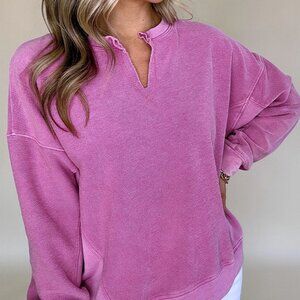 Bright Pink Solid Color Notched Neck Drop Shoulder Sweatshirt